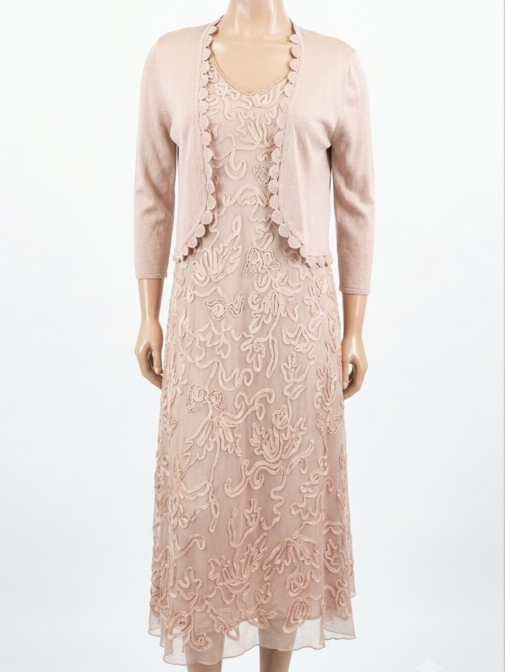 NEW Windsmoor Formal Gown & Cardigan Set MOB Wedding Sheer Lace Neutral Dress
